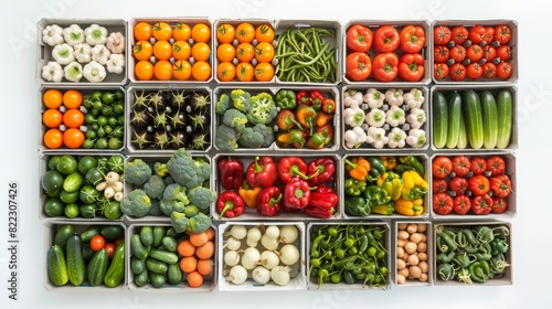 Hundreds of boxes of fresh vegetables arranged in a grid on white background. photo