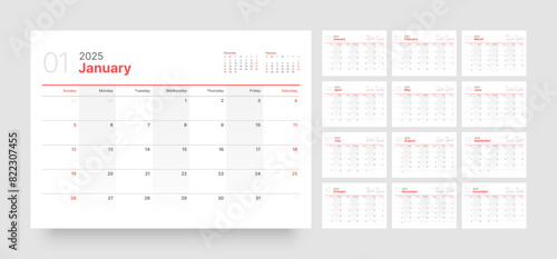 Monthly calendar template for 2025 year. Wall or desk calendar in a minimalist style. Diary planner for 2025 year. Week Starts on Sunday. 