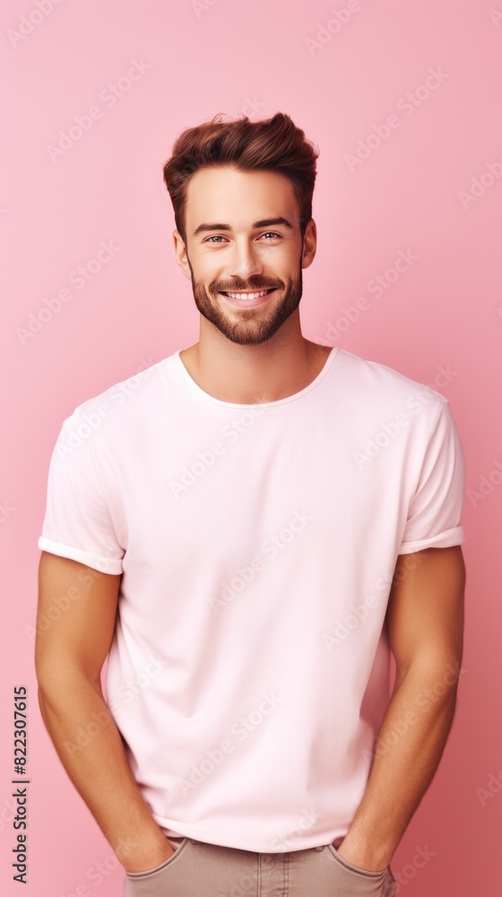 Pink background Happy european white man realistic person portrait of young beautiful Smiling man good mood Isolated on Background Banner 