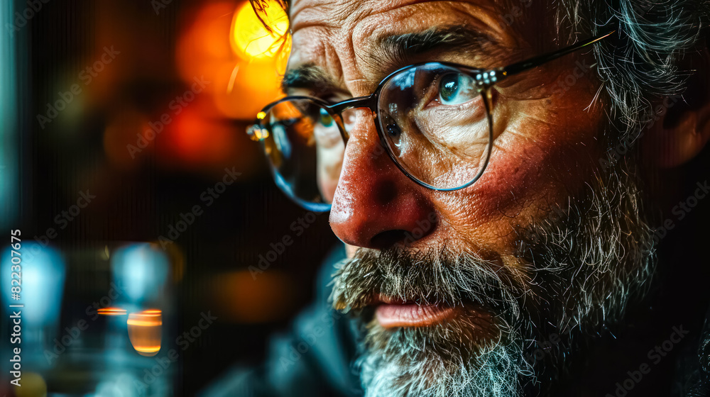 Obraz premium A stylishly dressed man with a beard poses for a portrait, exuding confidence and sophistication.