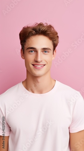 Pink background Happy european white man realistic person portrait of young beautiful Smiling man good mood Isolated on Background Banner 