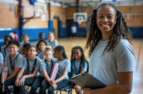 A smiling female sports coach in her thirties stands holding an over the shoulder clipboard next to sitting middle school students