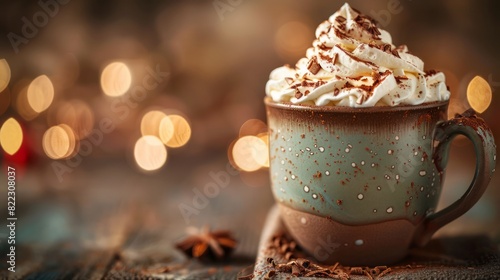 A mug of hot chocolate with whipped cream on top