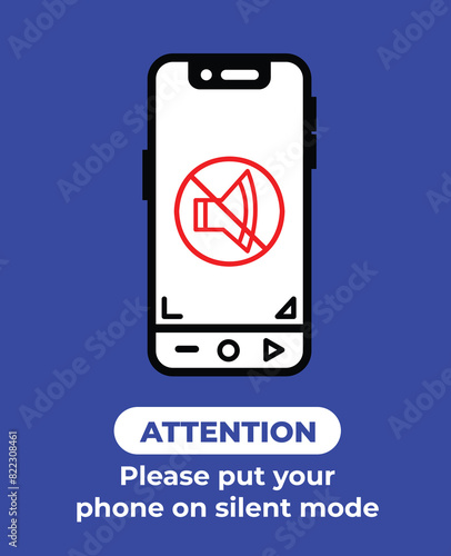 Please put your phone on silent mode with audio mute sign banner illustration isolated on vertical blue background. Simple flat cartoon styled drawing for poster prints or social media graphic design.