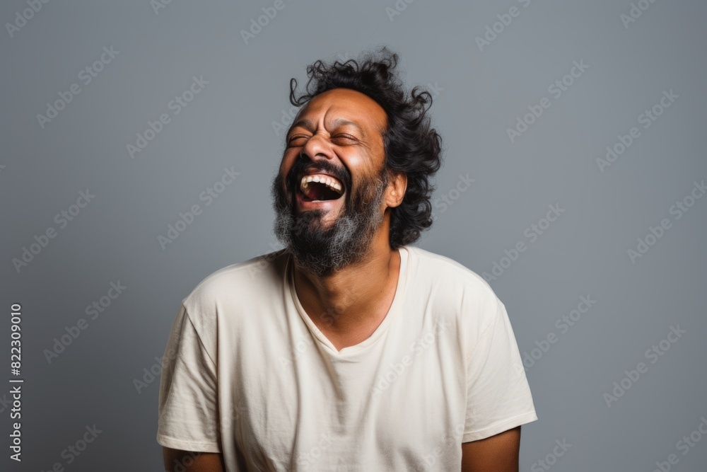 Portrait of a joyful indian man in his 40s laughing in plain white digital canvas Portrait of a joyful indian man in his 40s laughing in plain white digital canvas