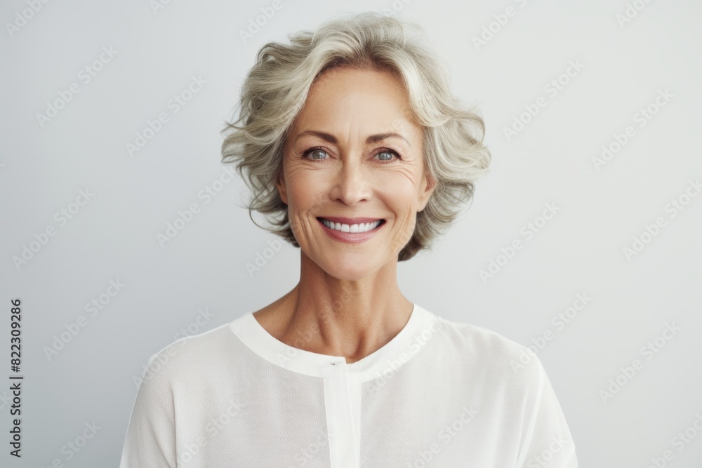 Portrait of a glad woman in her 50s smiling at the camera in front of plain white digital canvas Portrait of a glad woman in her 50s smiling at the camera in front of plain white digital canvas