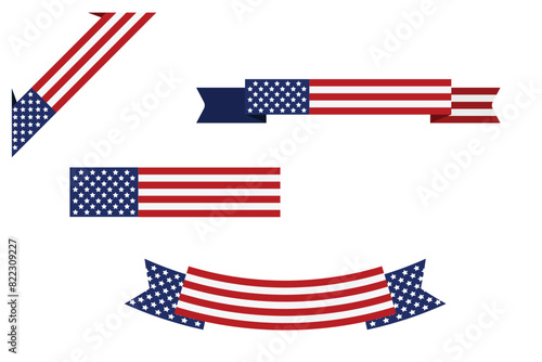 set of Red white blue american flag ribbon USA banner