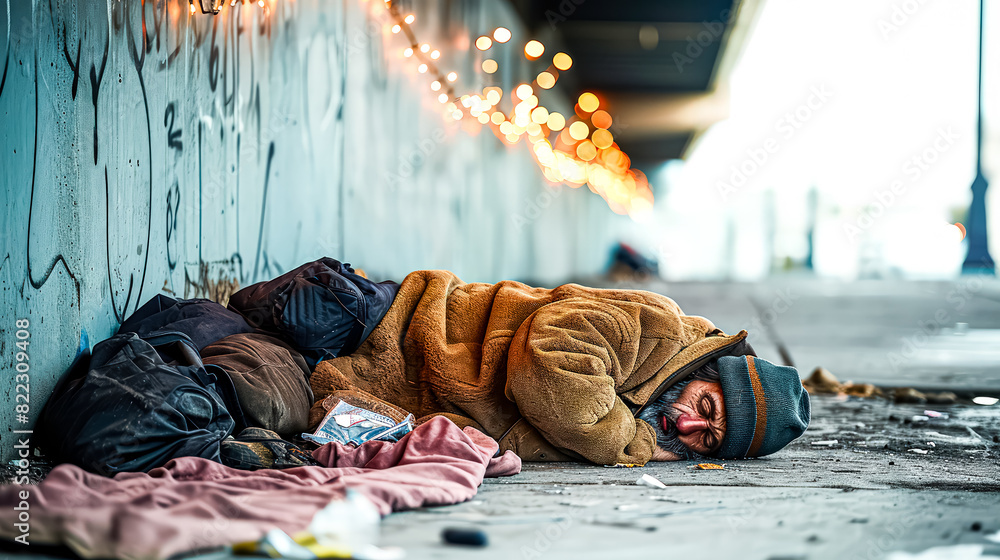 A photo of a homeless man sleeping on the street, depicting the harsh ...