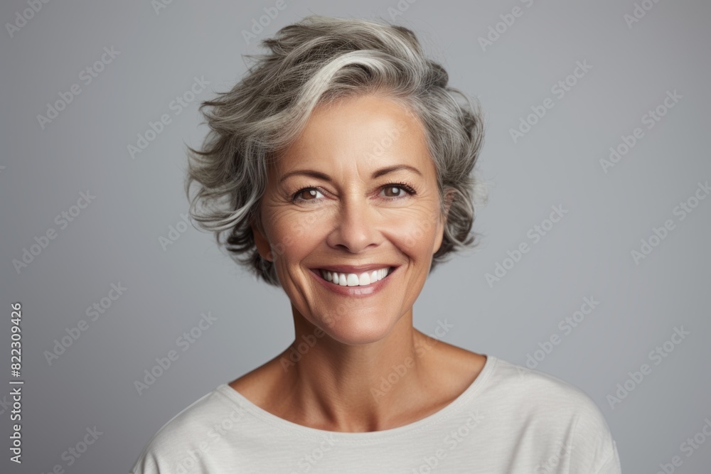 Portrait of a glad woman in her 50s smiling at the camera in front of plain white digital canvas Portrait of a glad woman in her 50s smiling at the camera in front of plain white digital canvas