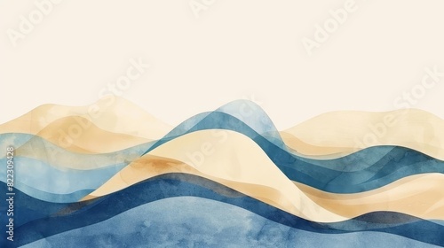 abstract blue and beige watercolor waves minimalist nautical background illustration