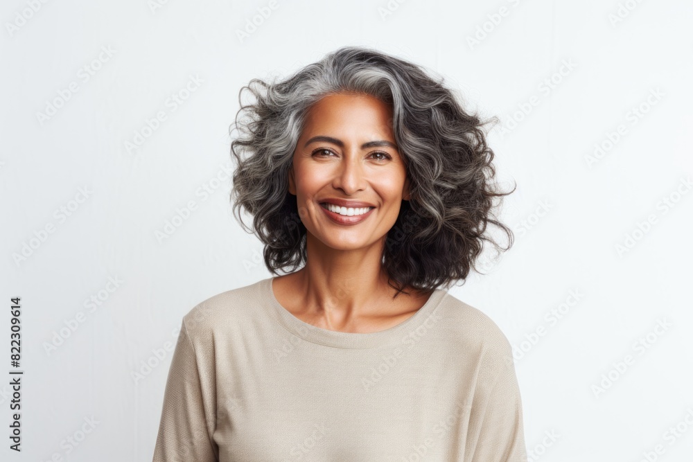Portrait of a blissful indian woman in her 50s smiling at the camera on plain white digital canvas Portrait of a blissful indian woman in her 50s smiling at the camera on plain white digital canvas