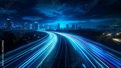 abstract blue light trails on road data transfer speed and digitization concept long exposure photography