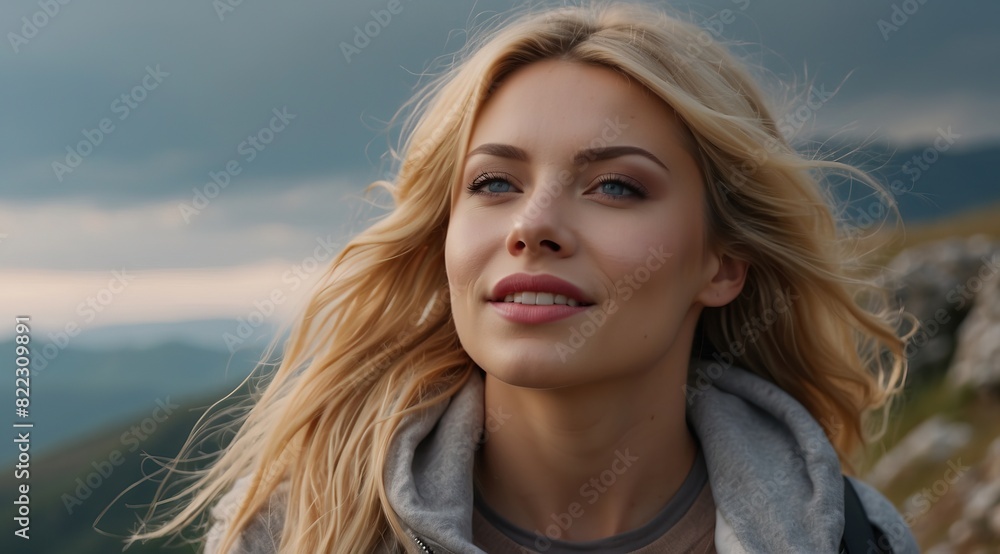 Beautiful attractive blonde woman model standing top of rock mountain close up, happy hikking concept Beautiful attractive blonde woman model standing top of rock mountain close up, happy hikking concept