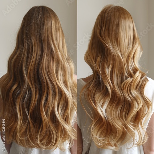 Hair transformation, before after photo: long blonde hair, smooth and shiny with natural highlights