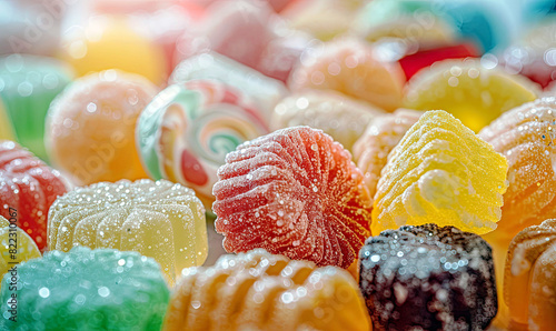 Shoot a close-up photo of a pile of assorted candies, focusing on the textures and vibrant colors against a white backdrop, highlighting details like sugar crystals and glossy wrappers. , Generate AI