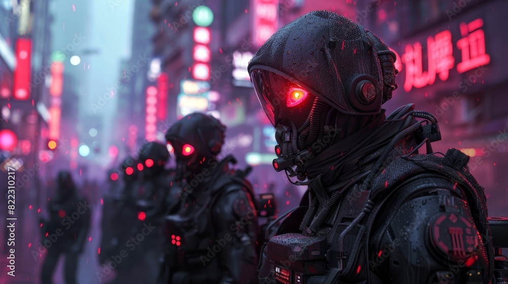 Futuristic soldiers with glowing red eyes patrol a neon-lit city street, clad in dark armor and surrounded by ominous fog. Futuristic soldiers with glowing red eyes patrol a neon-lit city street, clad in dark armor and surrounded by ominous fog.