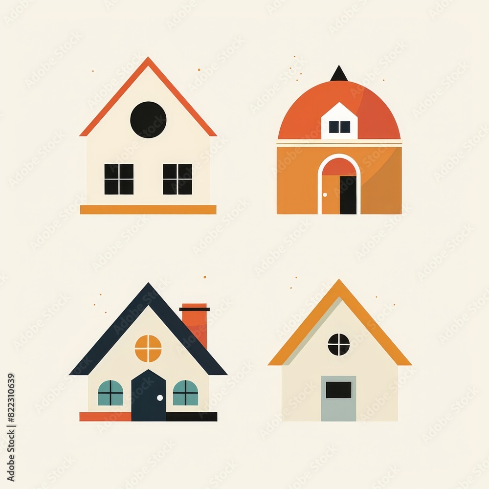 A series of four minimalist house icons in one image, featuring simple geometric shapes. A series of four minimalist house icons in one image, featuring simple geometric shapes.