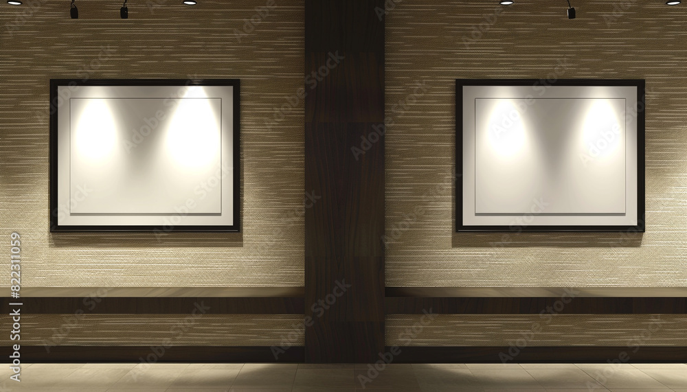 Inside a minimalist architectural office, two empty white frames with dark borders, each spotlighted centrally against a wall displaying a textured grasscloth. Inside a minimalist architectural office, two empty white frames with dark borders, each spotlighted centrally against a wall displaying a textured grasscloth.