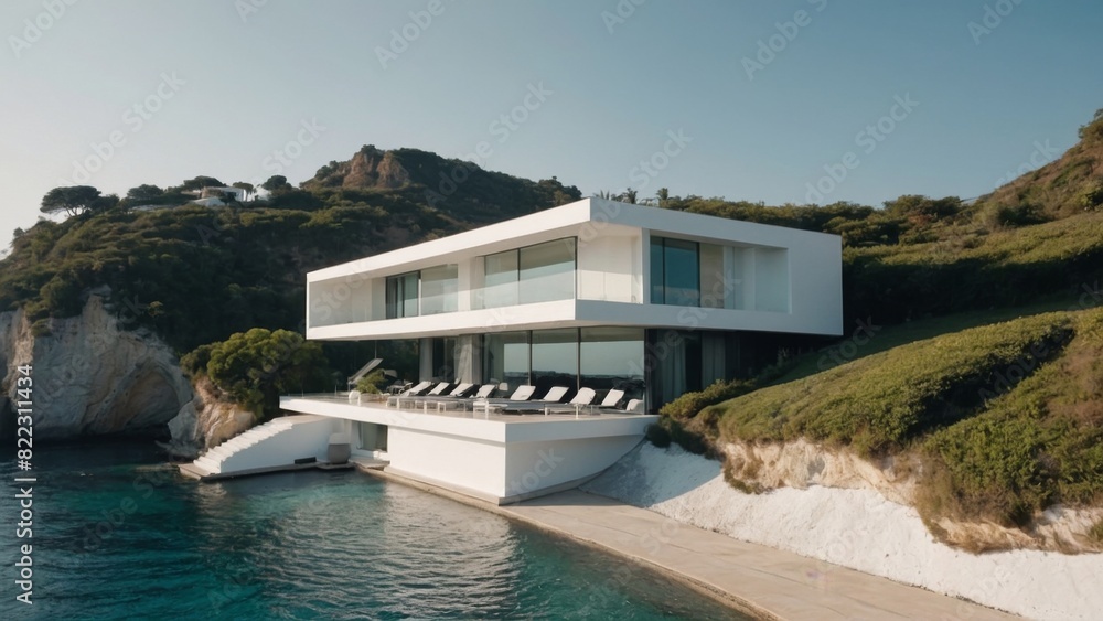 Fototapeta premium modern minimalist white villa beside the cliff with beautiful sea view