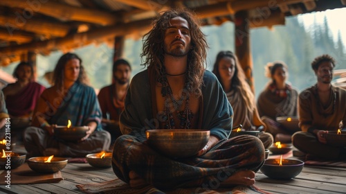 sound healing retreat, friends gathering in a rustic cabin, surrounded by nature, bond over a sound therapy session with tibetan singing bowls for relaxation and well-being