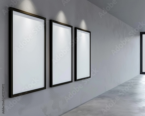 A view from the side in a modern architectural studio showing three empty white frames with dark borders, each spotlighted against a light gray wall. 
