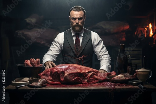 Fototapeta Naklejka Na Ścianę i Meble -  Stern butcher with vintage attire cuts fresh meat on wooden block in a rustic, dimly lit shop
