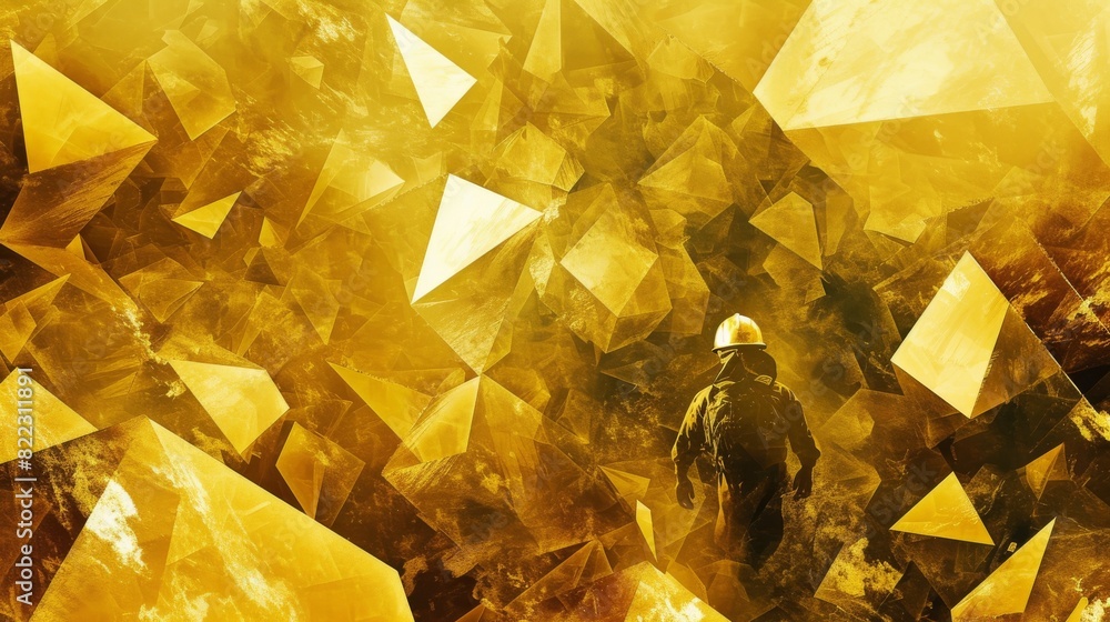 A miner, portrayed in gold, traverses a vibrant, crystalline environment resembling a golden cave. A miner, portrayed in gold, traverses a vibrant, crystalline environment resembling a golden cave.