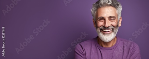 Purple background Happy european white man grandfather realistic person portrait of young beautiful Smiling old man Isolated on Background 
