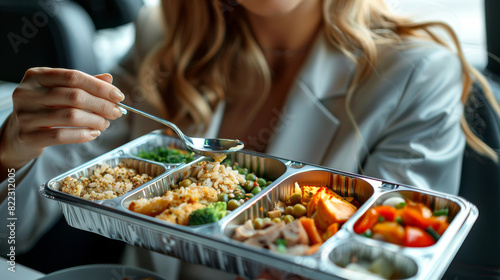 Businessoman Enjoying a Healthy Meal from a Bento Box in a Modern Office Setting. Generative ai.