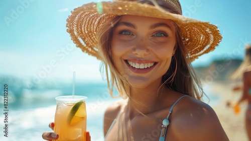 Happy young woman drinking cocktails at a summer festival on the beach. Generative ai