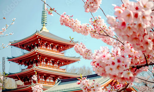Shoot a high-resolution image of cherry blossoms in the foreground Generate AI photo