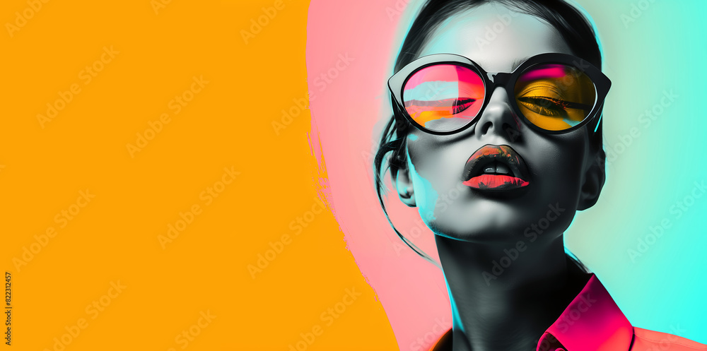 A woman against a tri-toned pop art background A woman against a tri-toned pop art background