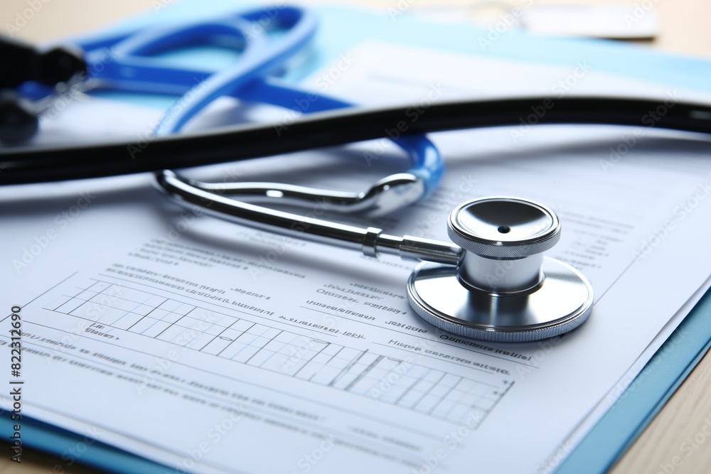A medical stethoscope lies on a clipboard with a patient's medical chart, indicating a medical examination or consultation A medical stethoscope lies on a clipboard with a patient's medical chart, indicating a medical examination or consultation
