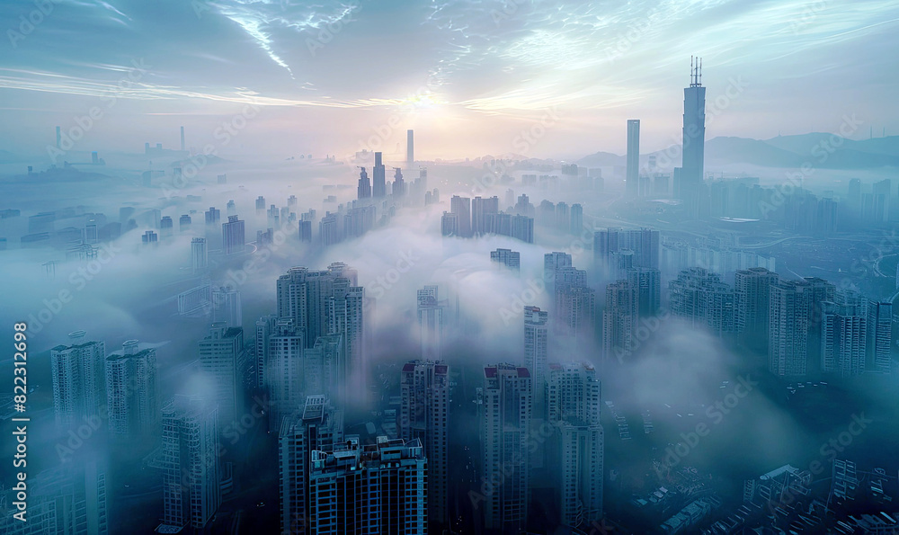 Shoot a panoramic view of Shenzhenâ€™s dense skyline during early morning, with mist rolling between the skyscrapers, providing a mystic quality to the  high-rise structures. , Generate AI