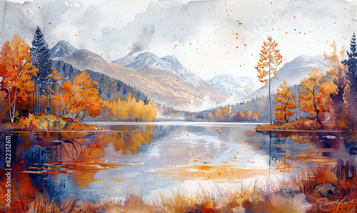 Serene highland loch surrounded by autumn foliage, depicted in deep, rich watercolors , Generate AI