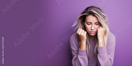 Purple background sad european white Woman realistic person portrait of young beautiful bad mood expression Woman Isolated on Background depression