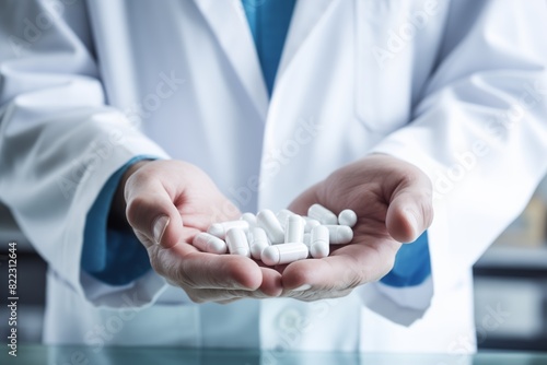Close-up of a doctor in a white lab coat holding a handful of white pills, suggesting prescription or medication