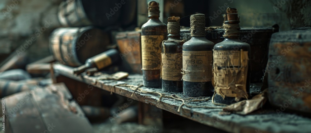 Rustic row of antique bottles and barrels on a weathered shelf evoking old-world charm and history, perfect for vintage and historical themes. Rustic row of antique bottles and barrels on a weathered shelf evoking old-world charm and history, perfect for vintage and historical themes.