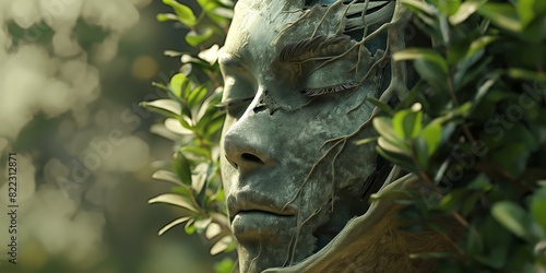 Healthy green plants grow around the stone statute of a woman s face