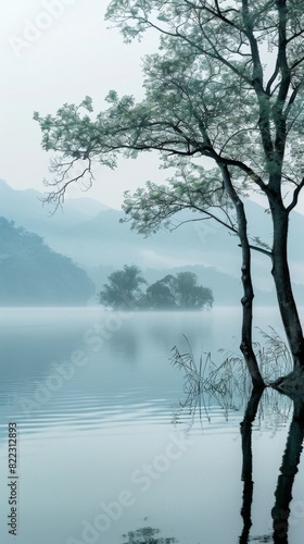 Trees are reflected in the water of a lake with mountains in the background. Nature background . Vertical background 