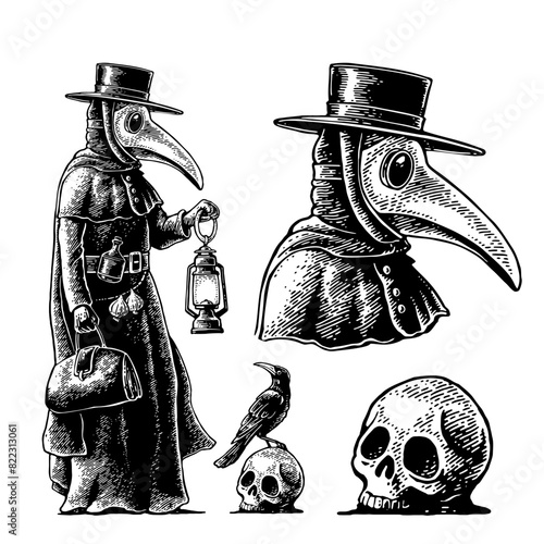 Plague doctor with bird mask. Crow sitting on skull. Engraving