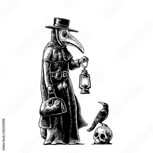 Plague doctor with bird mask. Crow sitting on skull. Engraving