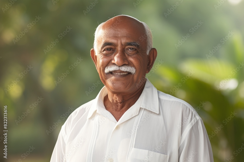 Portrait of a blissful indian man in his 70s with arms crossed in plain white digital canvas Portrait of a blissful indian man in his 70s with arms crossed in plain white digital canvas