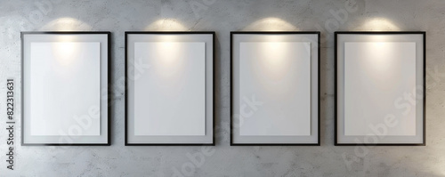 Four empty white frames with dark borders, each centrally spotlighted against a light gray wall with a brushed metal texture  © Rajesh