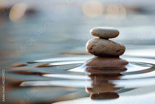 Two rocks stacked on top of each other in the water. Calm background 