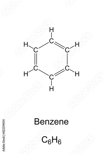 Benzene, C6H6, chemical formula and skeletal structure. Organic chemical compound and hydrocarbon, composed of 6 carbon atoms joined in a planar hexagonal ring with one hydrogen atom attached to each.