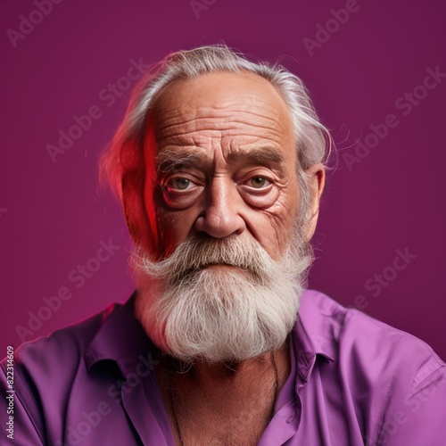 Purple background sad european white man grandfather realistic person portrait older person beautiful bad mood old man Isolated on Background 