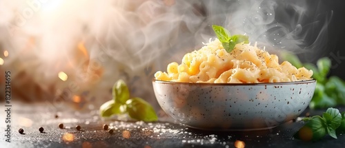 Close-up of elbow macaroni pasta and cheese sauce in a white bowl with writing space surrounding the image against blurry backdrop, Generative AI. photo
