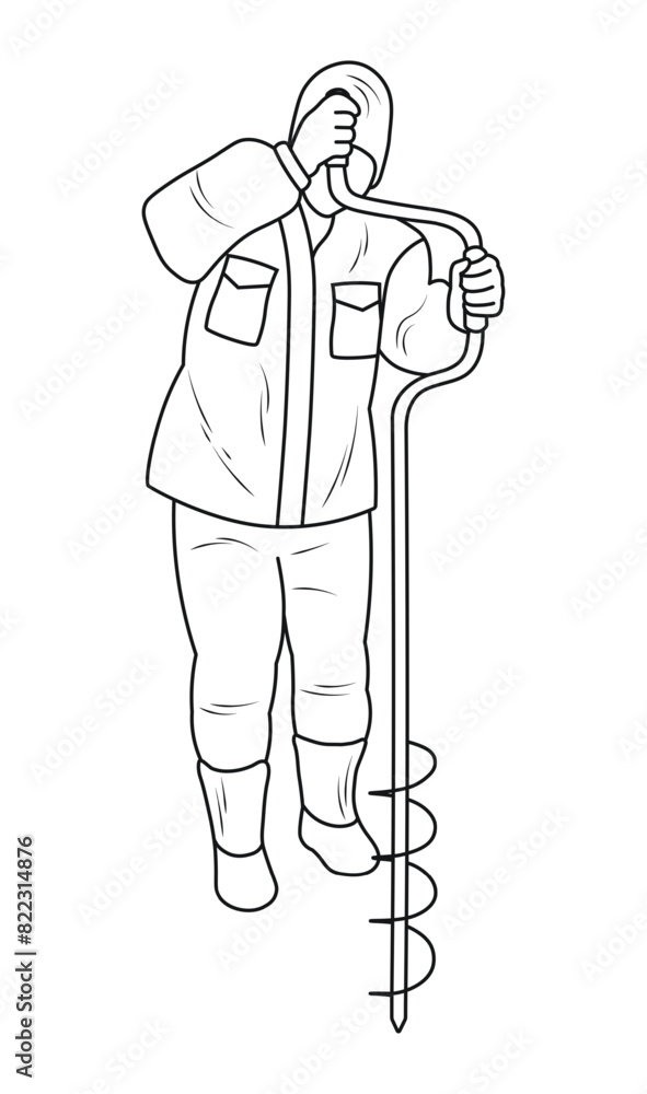 Sketch of a silhouette of a fisherman with an ice screw in his hands, winter fishing Sketch of a silhouette of a fisherman with an ice screw in his hands, winter fishing