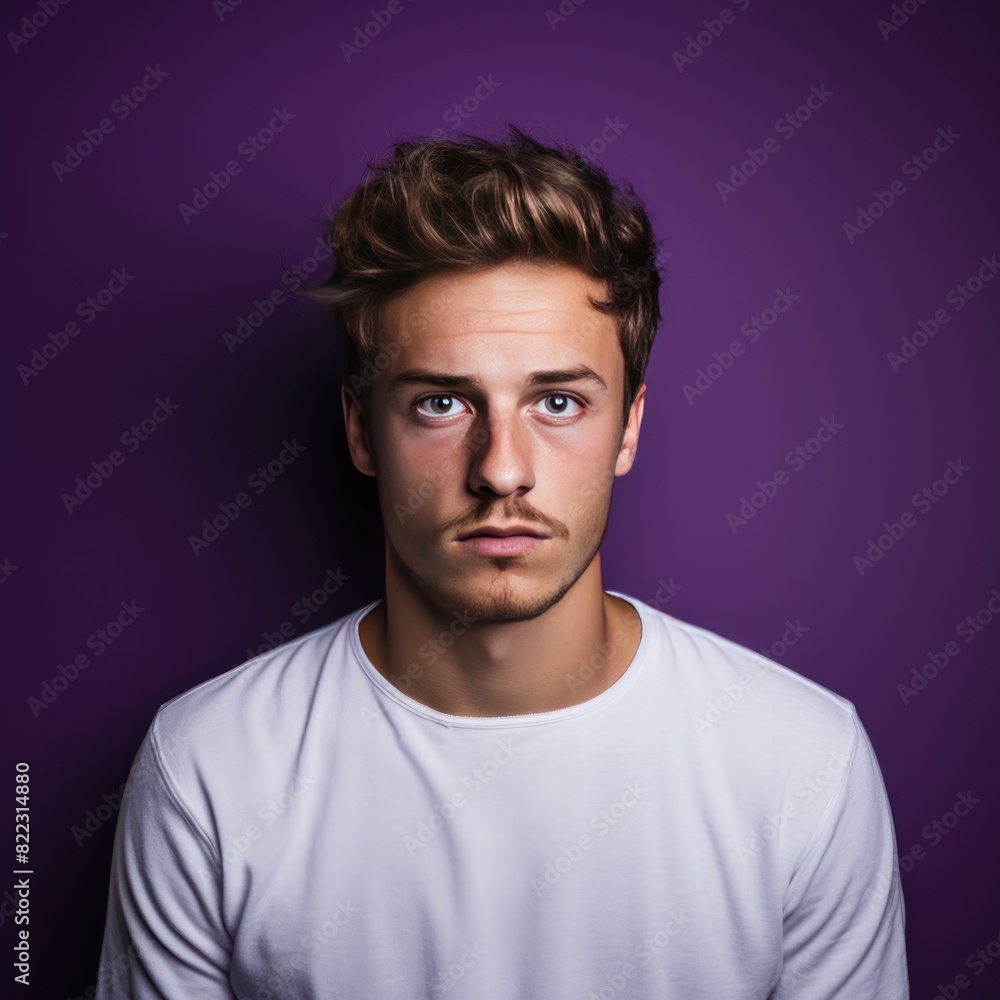 Purple background sad european white man realistic person portrait of young beautiful bad mood expression man Isolated on Background depression anxiety fear 